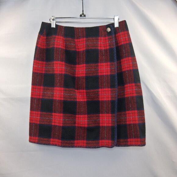 Dresses & Skirts - Vintage Marsh Landing Wool Plaid Red Navy Blue Wrap Skirt Size 10 Retro